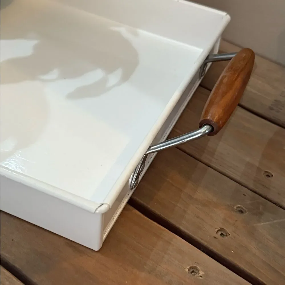 Pottery Barn, Metal White Rectangular‎ Serving Tray. Wood handles